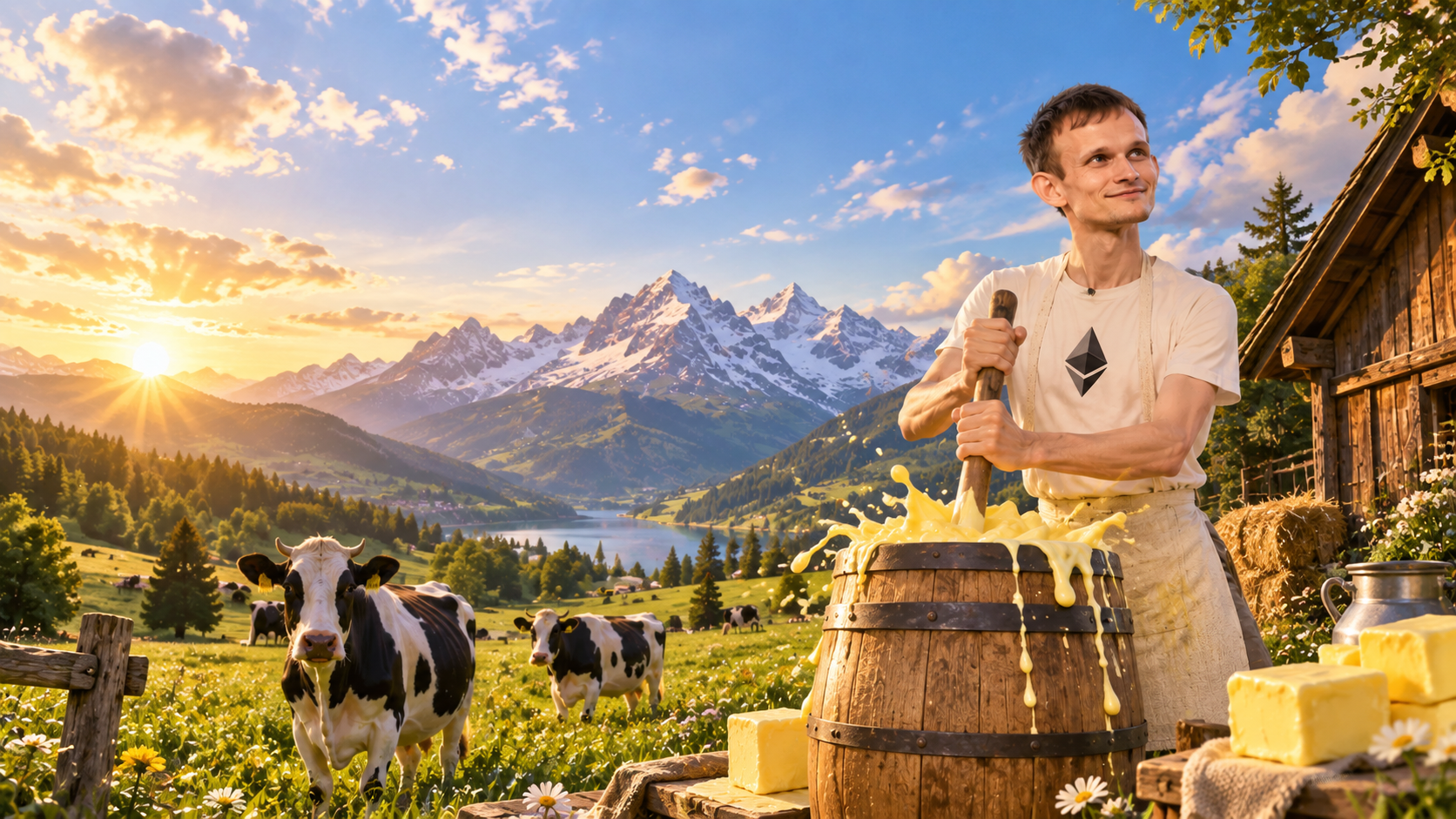Vitalik churning golden cream in an alpine meadow with cows and snowy mountains